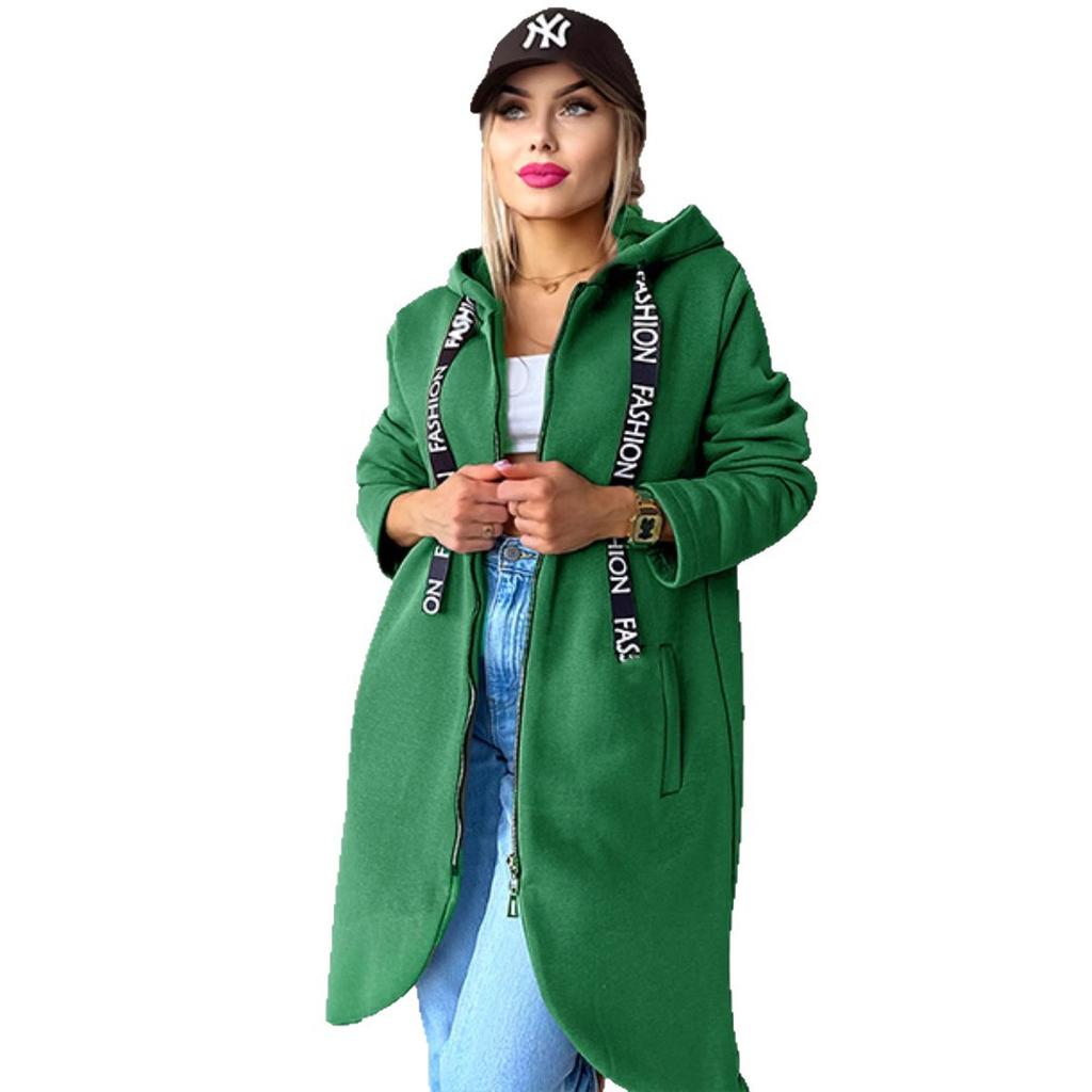 Sportovní fleecová mikina s kapucí, ležérní s dlouhým rukávem na zip, dámská nadměrná velikost, jednobarevný kabát