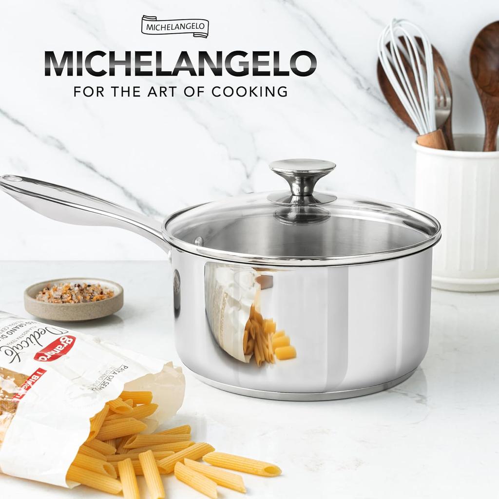 MICHELANGELO 3QT Saucepan with Lid Stainless Steel Soup Pot Stew Pot Thick Bottom Stock Pots Induction Compatible