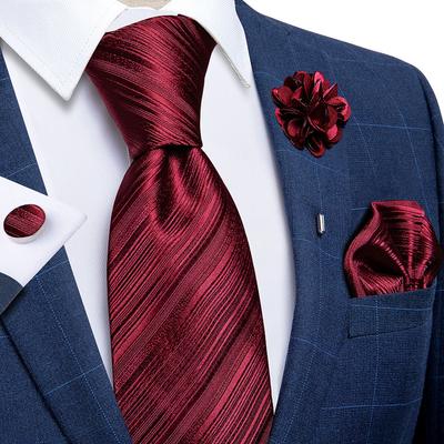 Pánská pruhovaná kravata pro podnikání Červená kravata s formální kravatou Boutonniere Hanky ​​sada manžetových knoflíčků pro párty doplňky