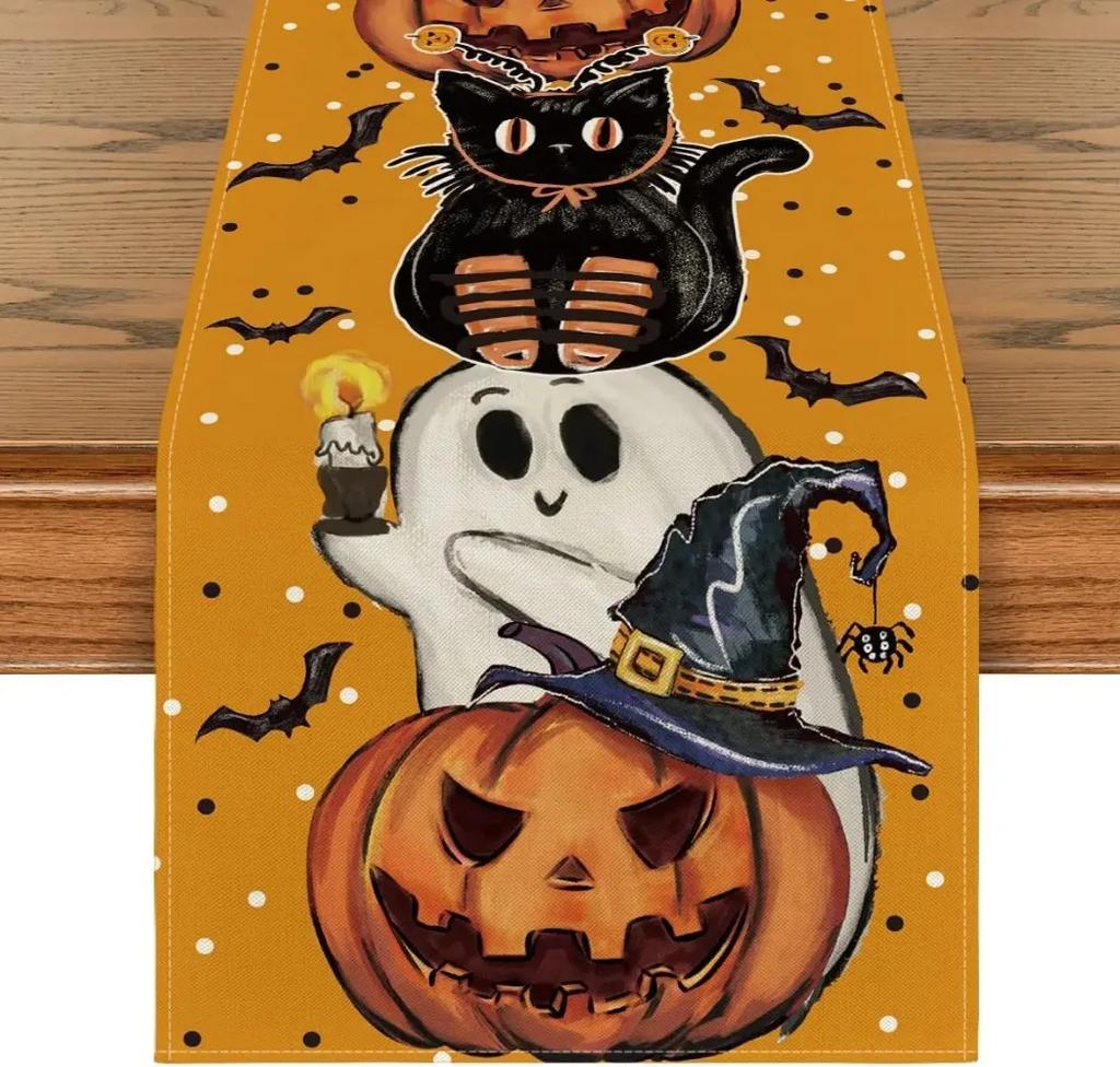 Halloween Polka Dot Ghost Pumpkin Cat Linen Table Runners Party Decor Reusable Dining Table Runners Kitchen Halloween Decoration