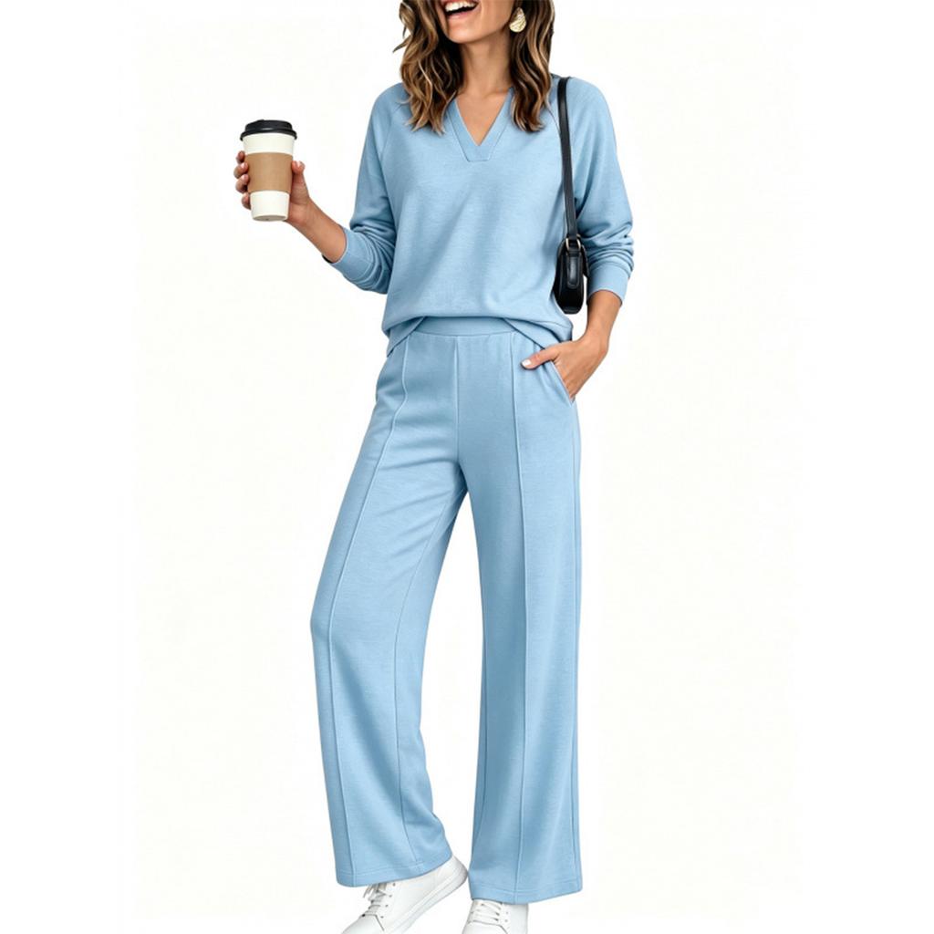 Women's V-Neck Long Sleeve Sweatshirt and Jogger Pants Set Color Activewear for Gym Workouts