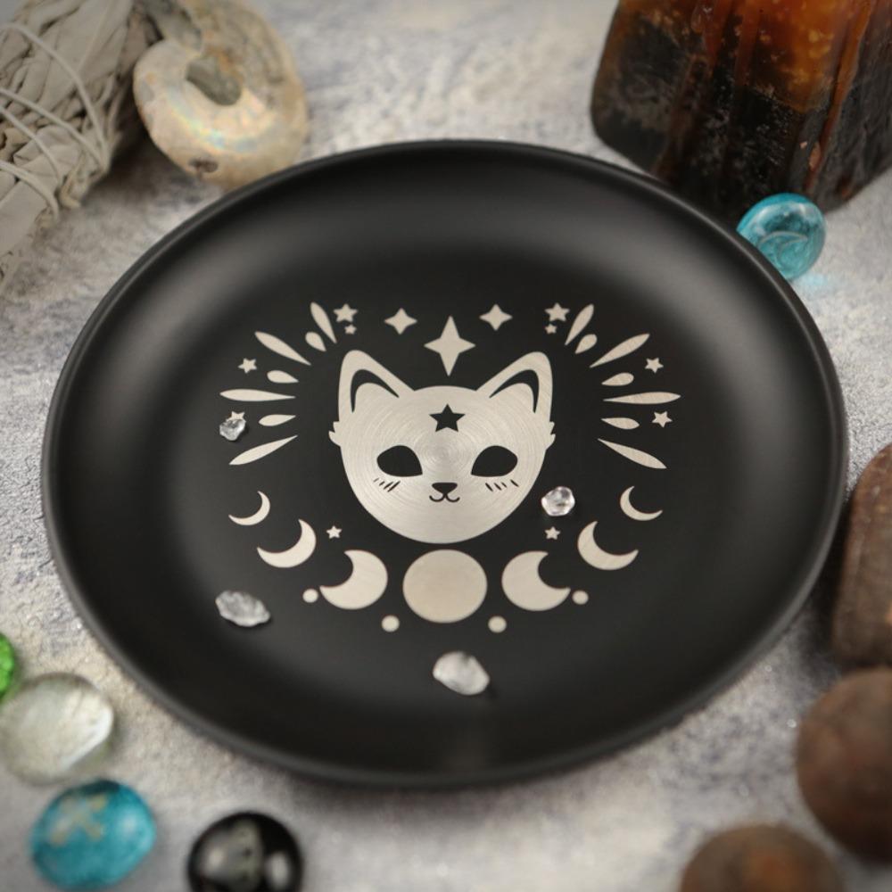 5.5 Inch Decorative Jewelry Dish Round Stainless Steel Crystal Stone Storage Tray Black Meditation Altar Tray Food