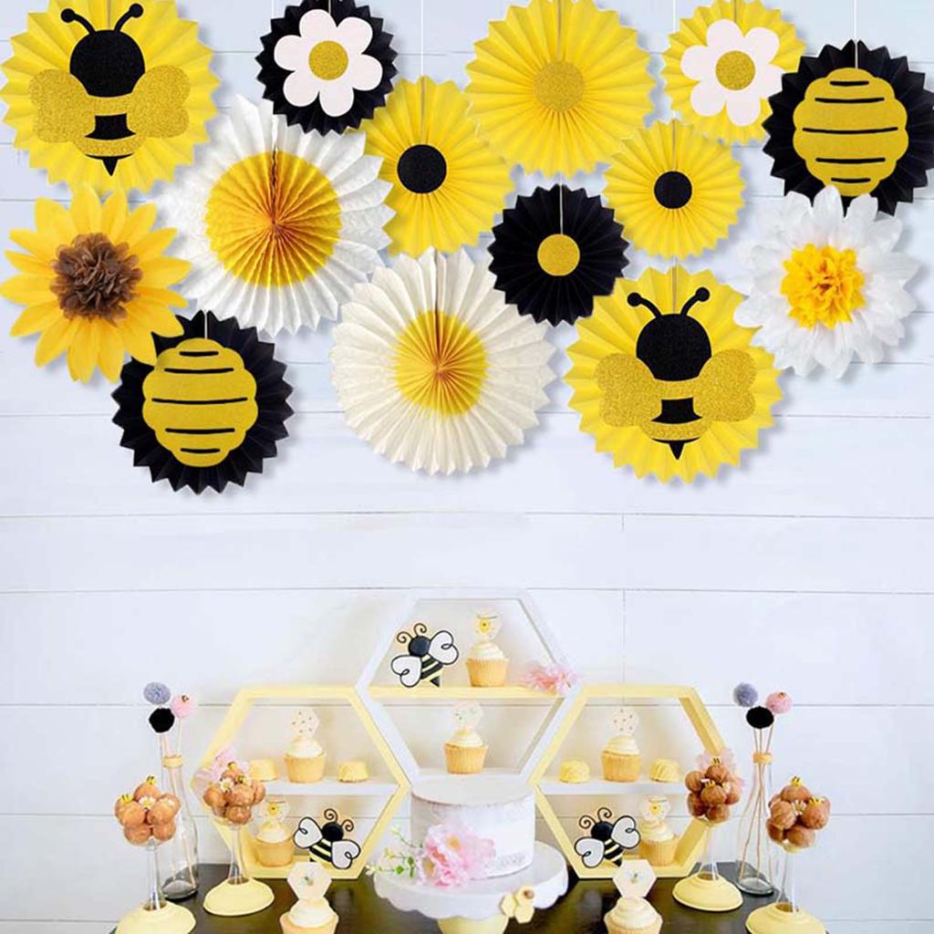 14Pieces Biodegradable Sunflower Bees Paper Fan Decorations Functional Party Backdrops for Indoor Outdoors Use