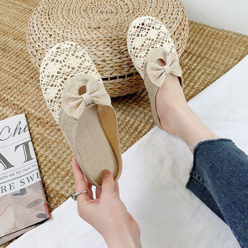 2025 New Fashion Slippers Women's Retro Hollow Bow Lazy Outer Wear Flat Bag Head Half Slippers Women