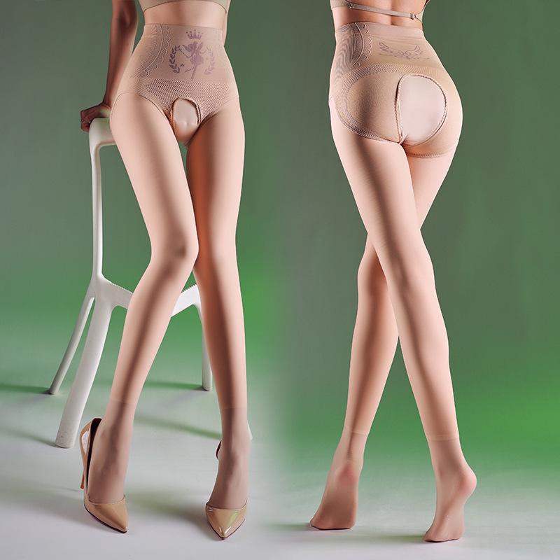 Huaxianzi High Waist Tummy Control Open Crotch Fleece-Lined Leggings for Women - Nude Look, Warm for Autumn/Winter.