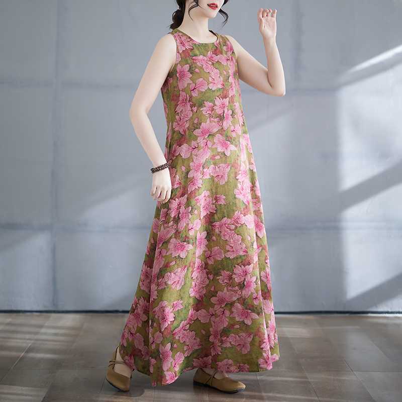 New Summer Bohemian Long Dress with A Fat and Oversized Sleeveless Round Neck Print