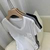 Sommer-T-Shirt aus Modal-Baumwolle mit drapiertem Schlüsselbein für Damen, lockeres, mittellanges Basishemd im koreanischen Stil, kurzärmeliges, lässiges Oberteil mit V-Ausschnitt