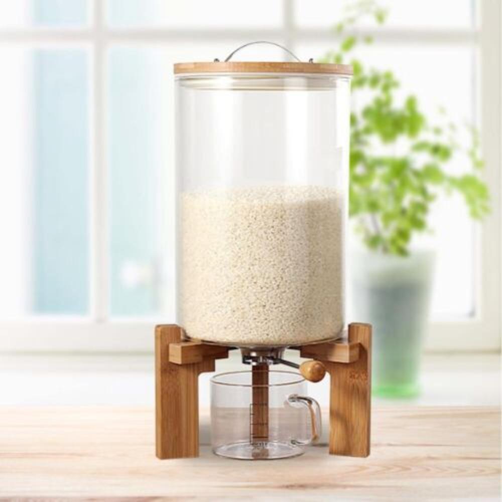 Bymaoacr 7.5L Multigrain Food Storage Tank Rice Closed Storage Fresh-keeping w/ Sealed Lid & Wooden Stand & Cup Moistureproof