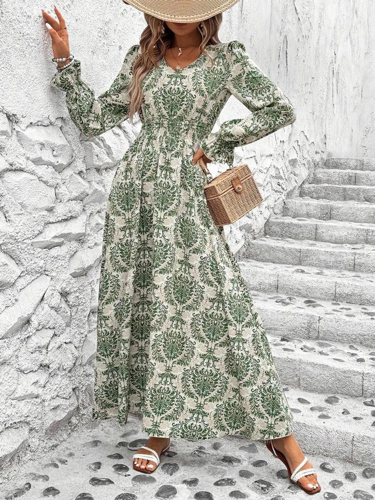 Autumn 2024 Women's Print V-Neck Long Sleeve Swing Dress