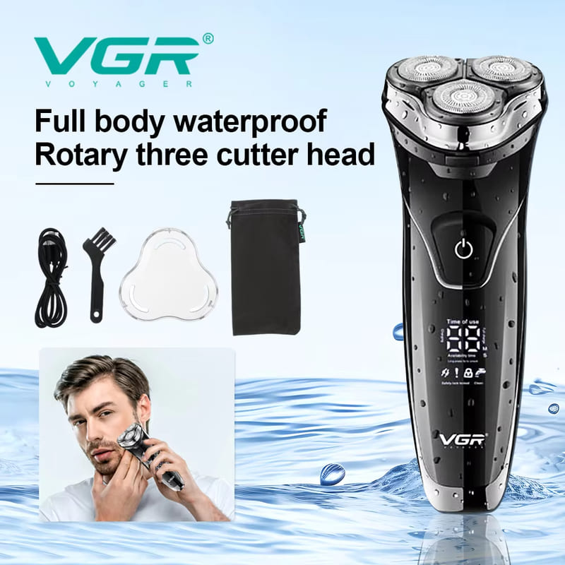 Aparat de ras electric pentru bărbați cu trei lame flotante din oțel inoxidabil, de uz casnic, lavabil pe tot corpul, cu afișaj digital, aparat de ras electric reîncărcabil, sigur