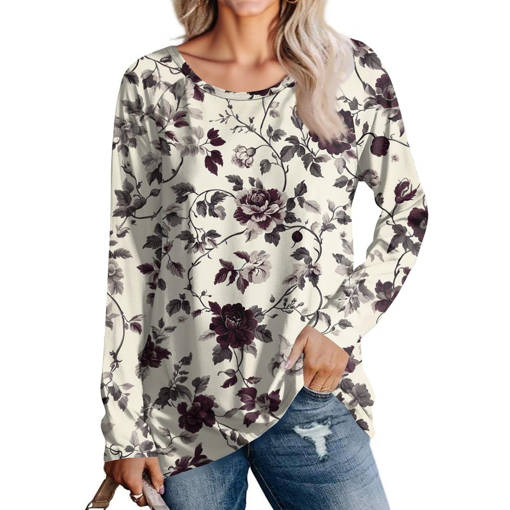 Women's Fashion Casual Long Sleeve  Print Round Neck Pullover Top Blouse