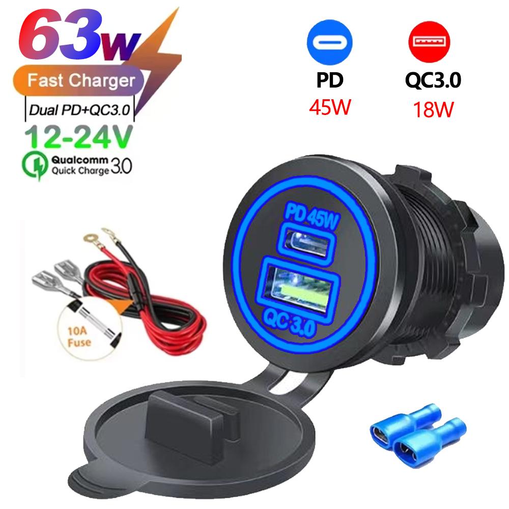 2/3/4 Port PD QC 3.0 USB Car Charger with Voltmeter Socket Power Outlet Adapter Waterproof for 12V/24V Car ATV Boat Hot Sale