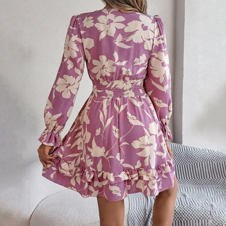 Autumn Winter Women Lace Up Print High Waist Long Sleeve Pleated Dress Elegant Fashion