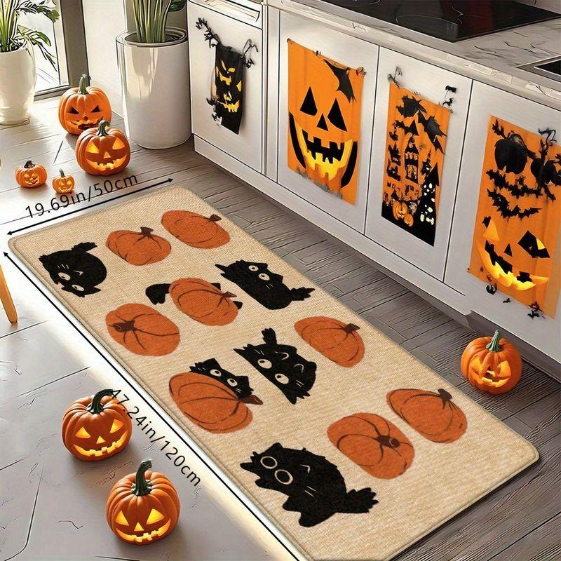 Halloween Black Cat Pumpkin Kitchen Rug Non‑Slip Absorbent Floor Mat For Home Kitchen Entrance Decor