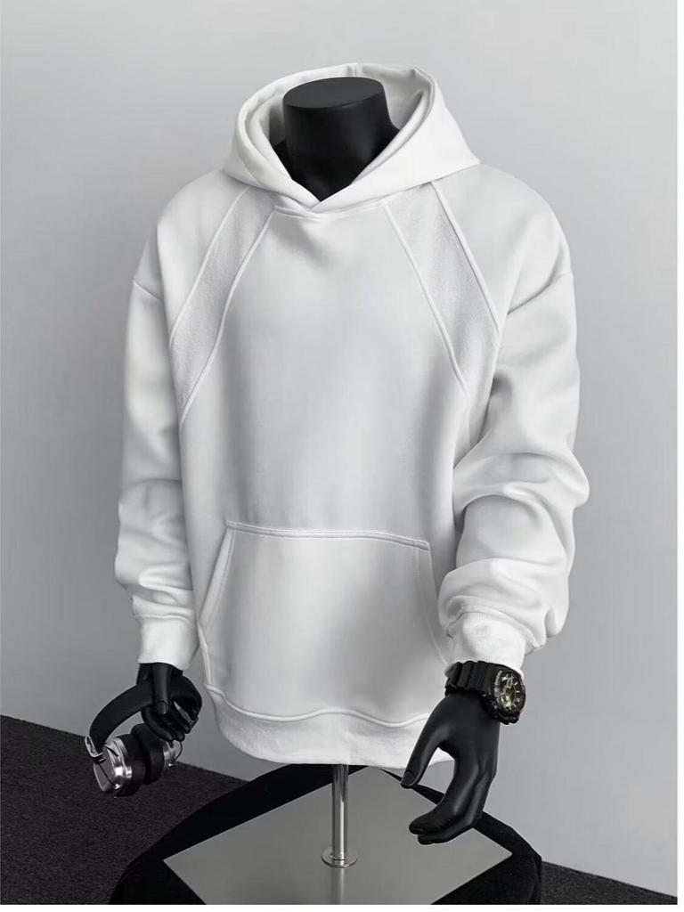 American Style Grey Deconstructed Patchwork Men's Hoodie, Spring/Autumn Trend, High Neck, Socially Anxious Persona, Fashionable Outerwear