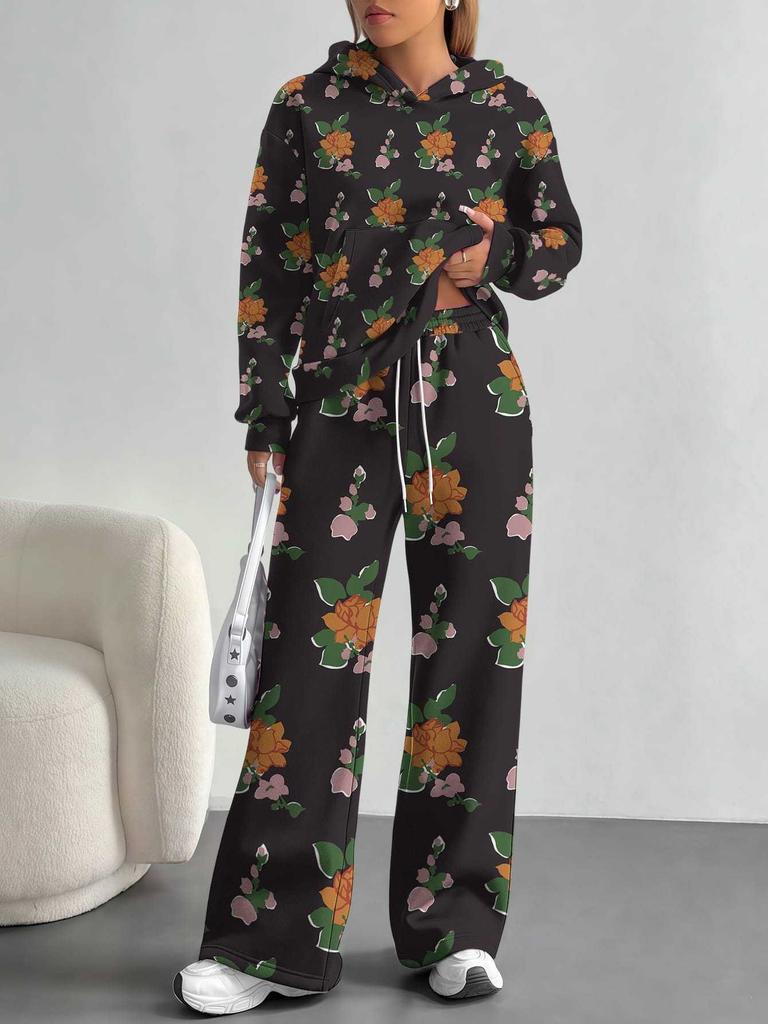 Pink Cherry Print European and American Autumn and Winter Casual Long-sleeved Suit Women's Hooded Sweater Trousers Two-piece Set