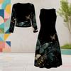 Set Due Pezzi Abito Midi Nero da Donna Taglie Forti Scollo Rotondo Manica Lunga Stampa Farfalle