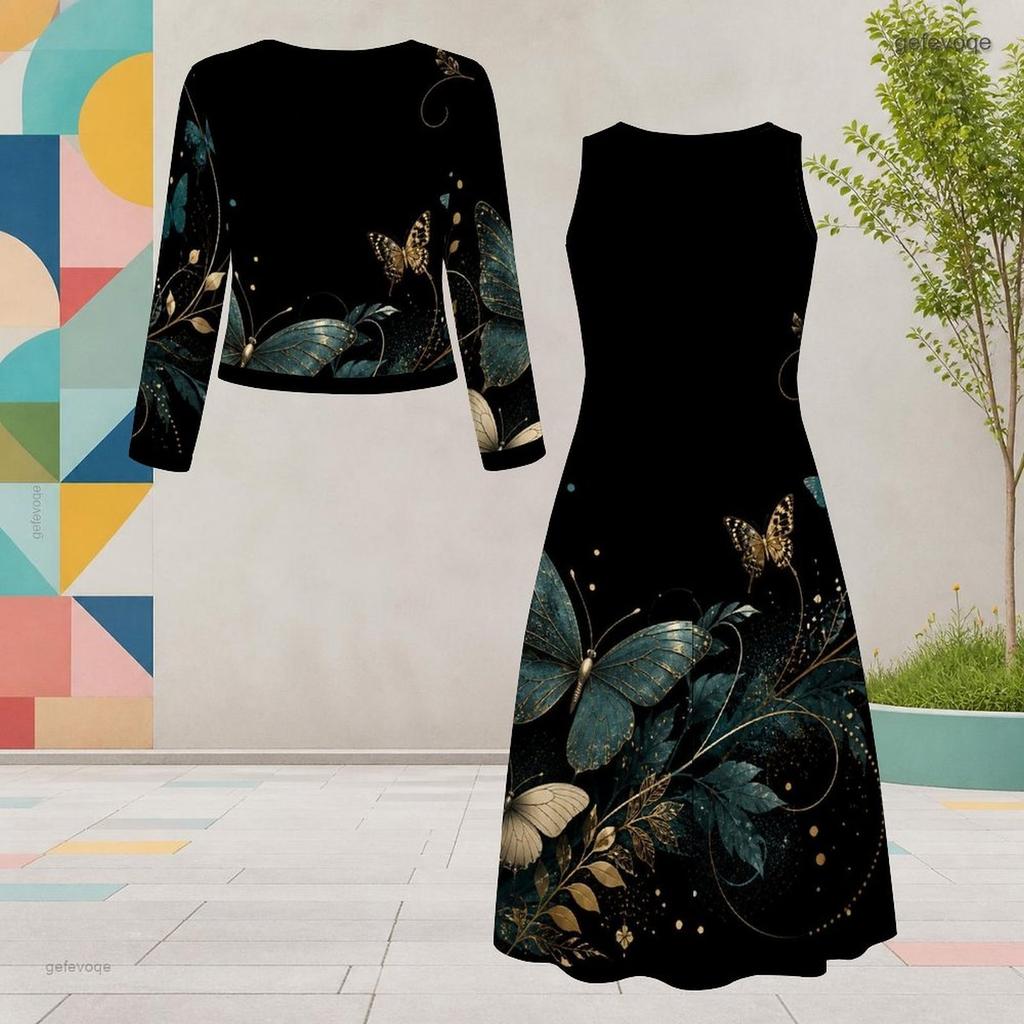 Set Due Pezzi Abito Midi Nero da Donna Taglie Forti Scollo Rotondo Manica Lunga Stampa Farfalle