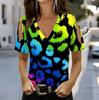 Women V Neck Cold Shoulder Blouse Black Base Neon Rainbow Leopard Print Short Sleeve Top
