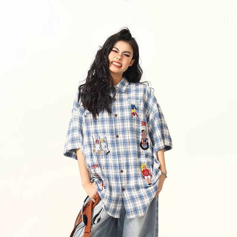 Female's American Style Fun Embroidered Shirts Retro Checkered Short Sleeved Casual Tops Summer Loose Cool Lapel Blouses