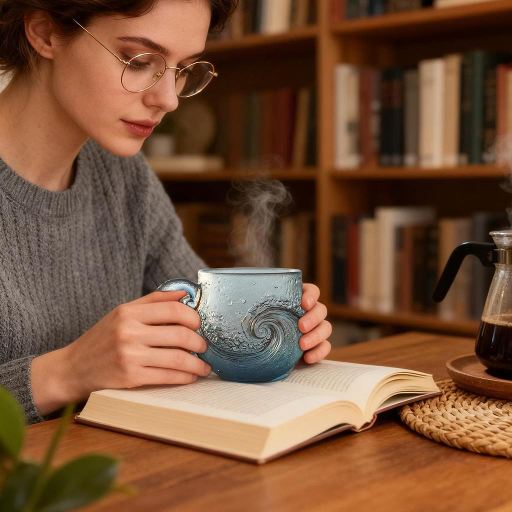 300ml Glass Mug Wave Design Water Bottle with Handle Clear Coffee Mug for Kids Beach House Office Women Men Adults Home