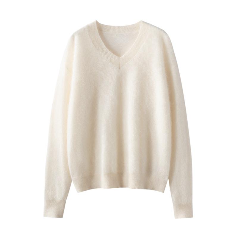 Versatile Cashmere Silk V-Neck Brushed Solid Color Loose Knit Pullover Sweater