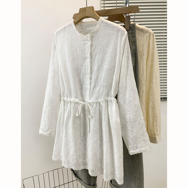 

Style Spring and Autumn New Fashion Plus size women clothing Chubby Girl Ethnic Style Embroidered Drawstring Lace-up Mid-Length Long sleeve Shirts Shoelace Shirt 3XL
