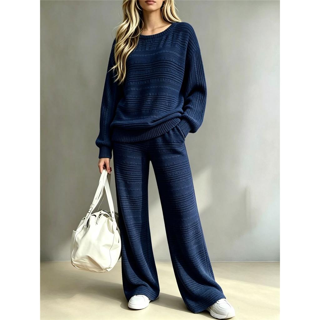 Women Ribbed Knit 2 Piece Outfit Round Neck Long Sleeve Top Drawstring Wide Leg Pants Casual Loungewear Matching Set