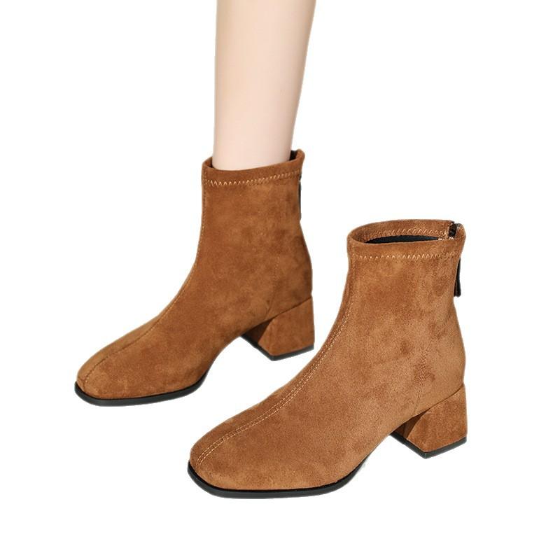 French Suede Velvet Short Boots Autumn and Winter 2025 New Square Head Thin Martin Boots Women's Elastic Thin Boots Thick Heel Boots