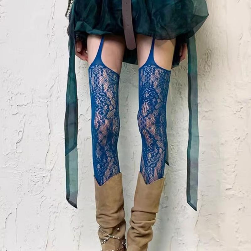 Personality Print Fishnet Stockings Women Sexy Lace Hollow Out Thigh High Socks Gothic Lolita Japanese Over The Knee Long Sock