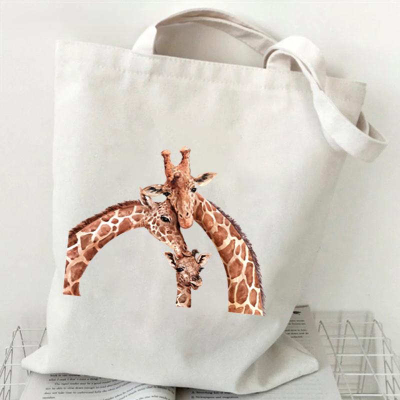 Shopping Bag Giraffe Fashion Cartoon Canvas Portable Tote Bag Women Men Street Aesthetics Style Giraffe Reusable Student Handbag