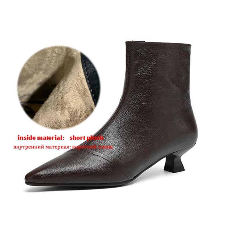 

Krazing Pot Sheepskin Winter Pointed Toe Preppy Style Stiletto Thin Med Heels Women Zip Light Shoes Women Ankle Boots 42