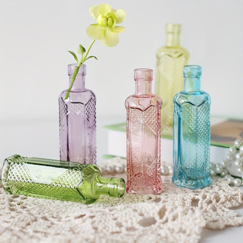 5pcs Glass Flower Vases 11.5cm Tall Mini Retro Relief Vases in Bulk Small Vases for Decor Center Pieces Vintage Bottles Wedding