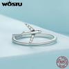 WOSTU 925 Sterling Silver Platinum Airplane Double Layer Rings Women Shiny Zircon Aircraft Ring Party Jewelry Girl Holiday Gift