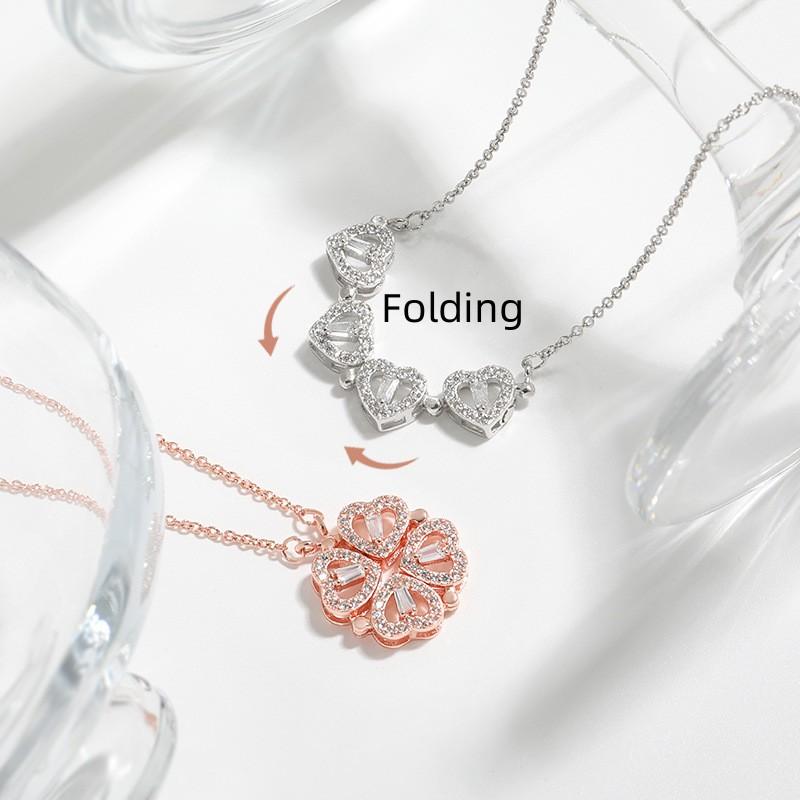 Four Leaf Clover Necklace Folding Heart Necklace Two Ways Wearing Charm Necklace Gold Plated Choker Chain Fine Jewelry