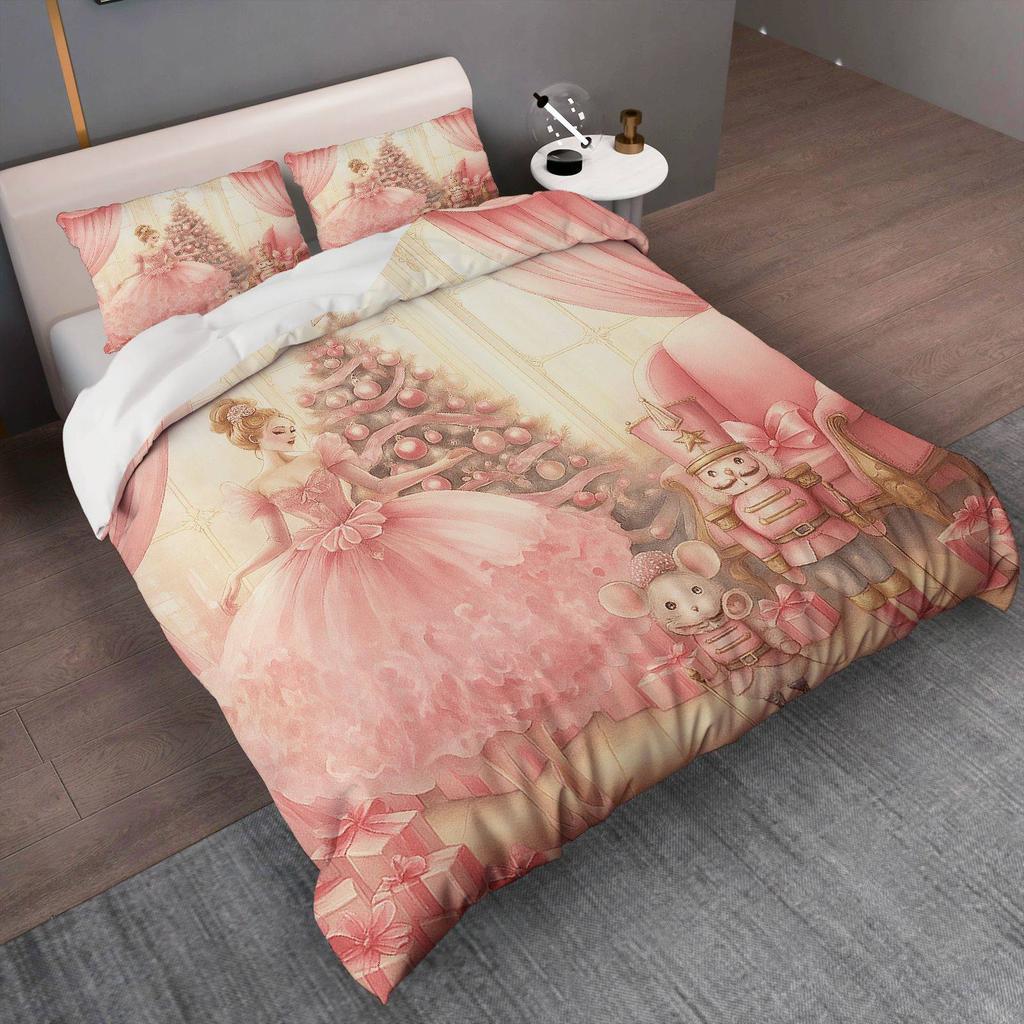 3pcs Christmas Duvet Cover Set - Ballerina Nutcracker & Christmas Tree Design, Soft Pink & White Polyester Bedding with Zipper