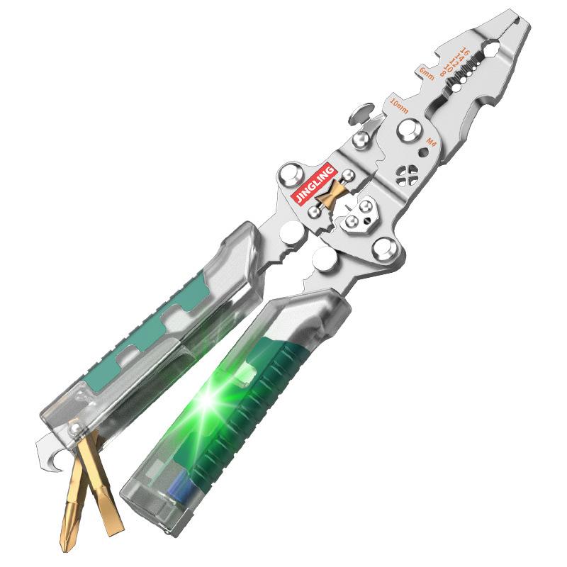 Electrician's Multifunction Tool: Pen-Style Wire Stripper, Cutter, Crimper, and Foldable Screwdriver.