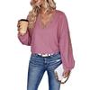 Fashion Spring Autumn Lacework Lantern Sleeve V Neck Solid Color Women Casual Pullover T Shirt Blouse Top