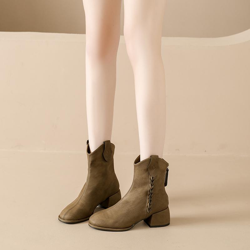 Fashion Block Heel Retro Woven Block Heel Short Boots Women's Autumn and Winter New Temperament Versatile Skinny Booties