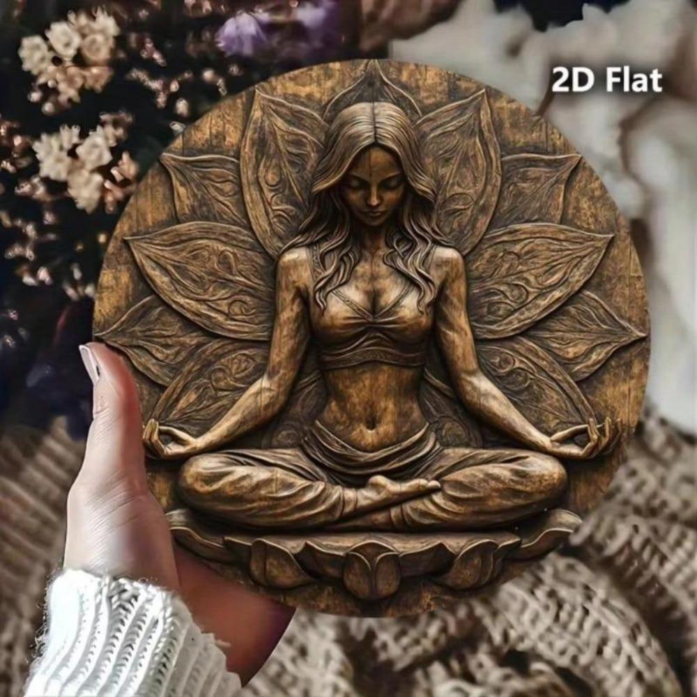 Vintage Yoga Theme Metal Wall Art Round Sign Meditation Lotus Flower Decor