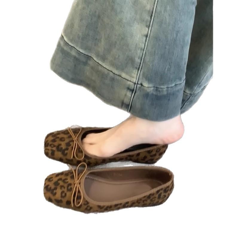 Cowhide version~ genuine leather French retro bow leopard print light mouth ballet single shoes women's one-pedal grandma shoes ladyshoes