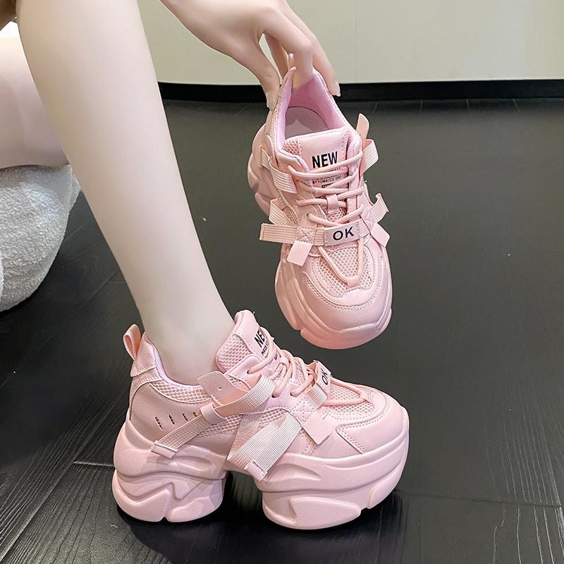 White Chunky Sneakers Women New Autumn Hidden Heel Platform Sports Dad Shoes Woman Lace Up Breathable Mesh Casual Shoes 8CM