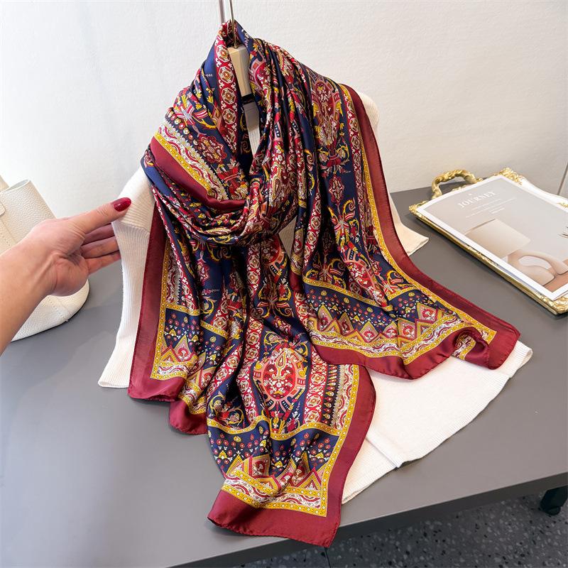 Spring And Summer Foreign Style Simulation Silky Brocade Fashion Silk Scarf Long Scarf Silky Smooth Printing Shawl Versatile Headscarf Scarf