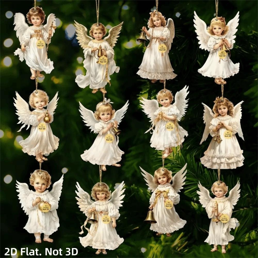 Wooden Xmas Tree Pendant 2D Flat Christmas Decorations Vintage Victoria Angel Ornament Set