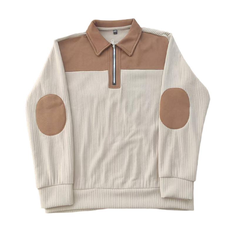 Men Quarter Zip Shirt Long Sleeve Turndown Collar Pullover Color Block Jacquard Sweatshirt with Elbow Patches for Daily Wear