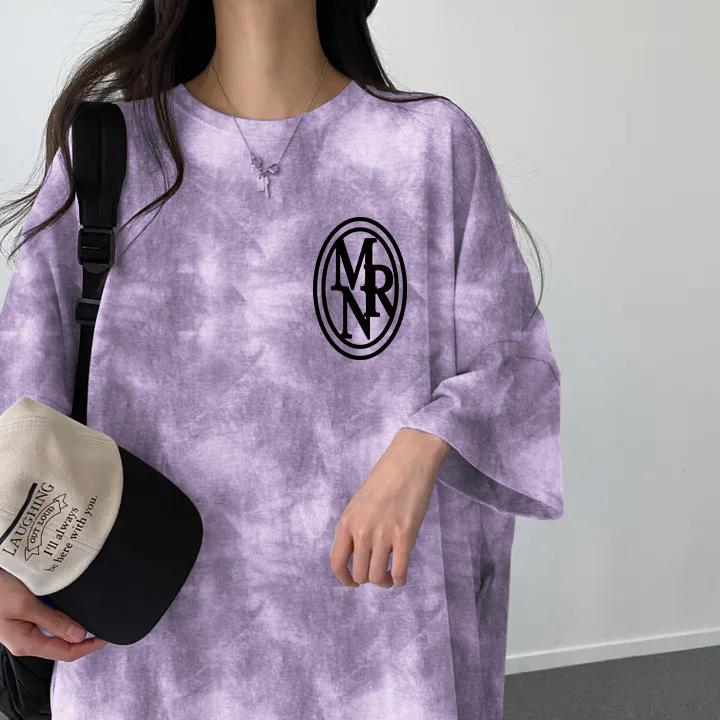 Korean Retro Tie-Dye Letter Print Slimming Casual Mid-Length T-Shirt Dress