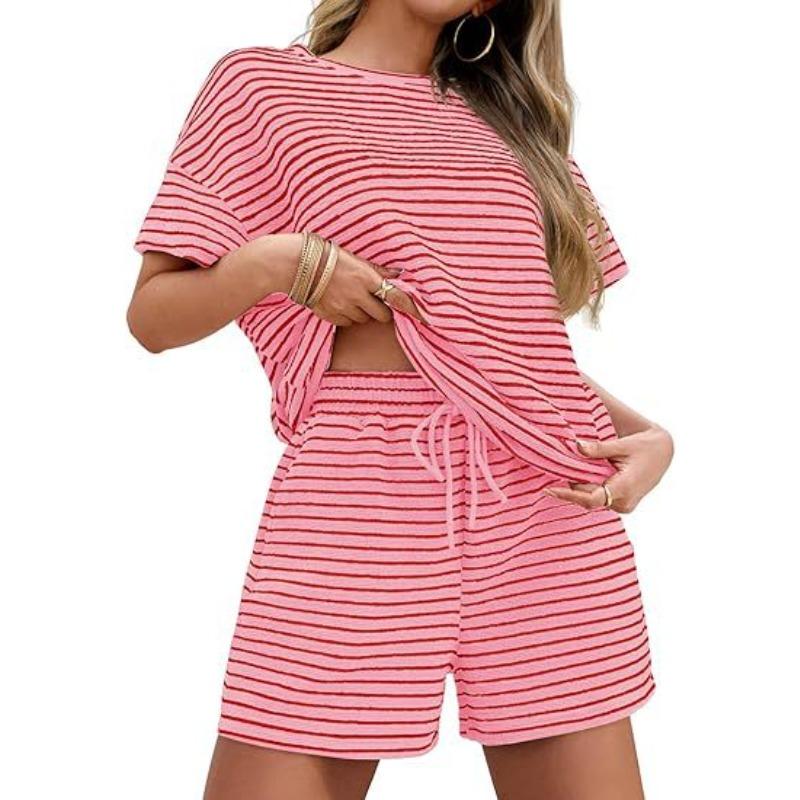Women Striped Two Piece Outfit, Short Sleeve Top and Shorts Set, Fashion Casual Outerwear Summer Matching Suit