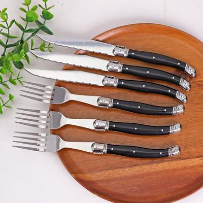 Set di 6 Coltelli da Bistecca e Forchette in Acciaio Inossidabile Full Tang Laguiole Posate in Acciaio Set da Cena con Manico in ABS Nero Stoviglie
