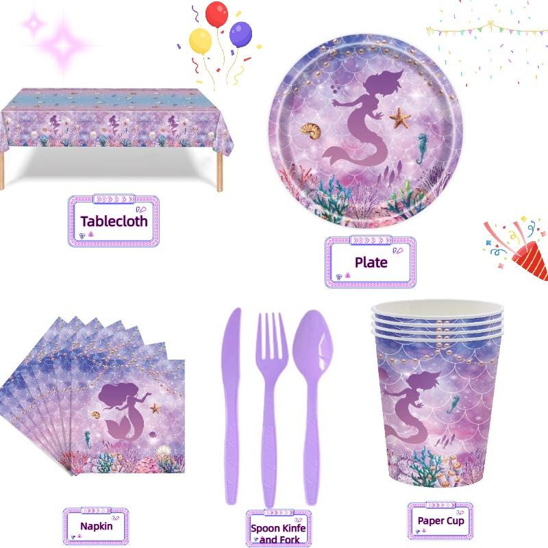 Theme Mermaid Party Paper Plates Tableware Set Childrens Birthday Decorations
