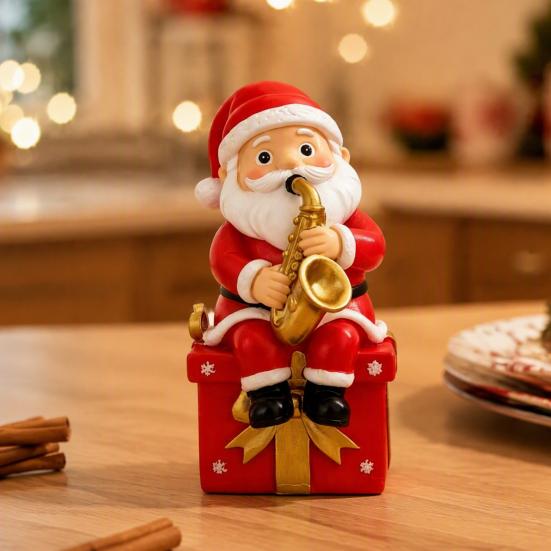 Cartoon Santa Sculpture Christmas Singing Claus Figurine,Cartoon Saxophone Resin Xmas Decor Statue, Festive Sitting Desktop Decoration Desk